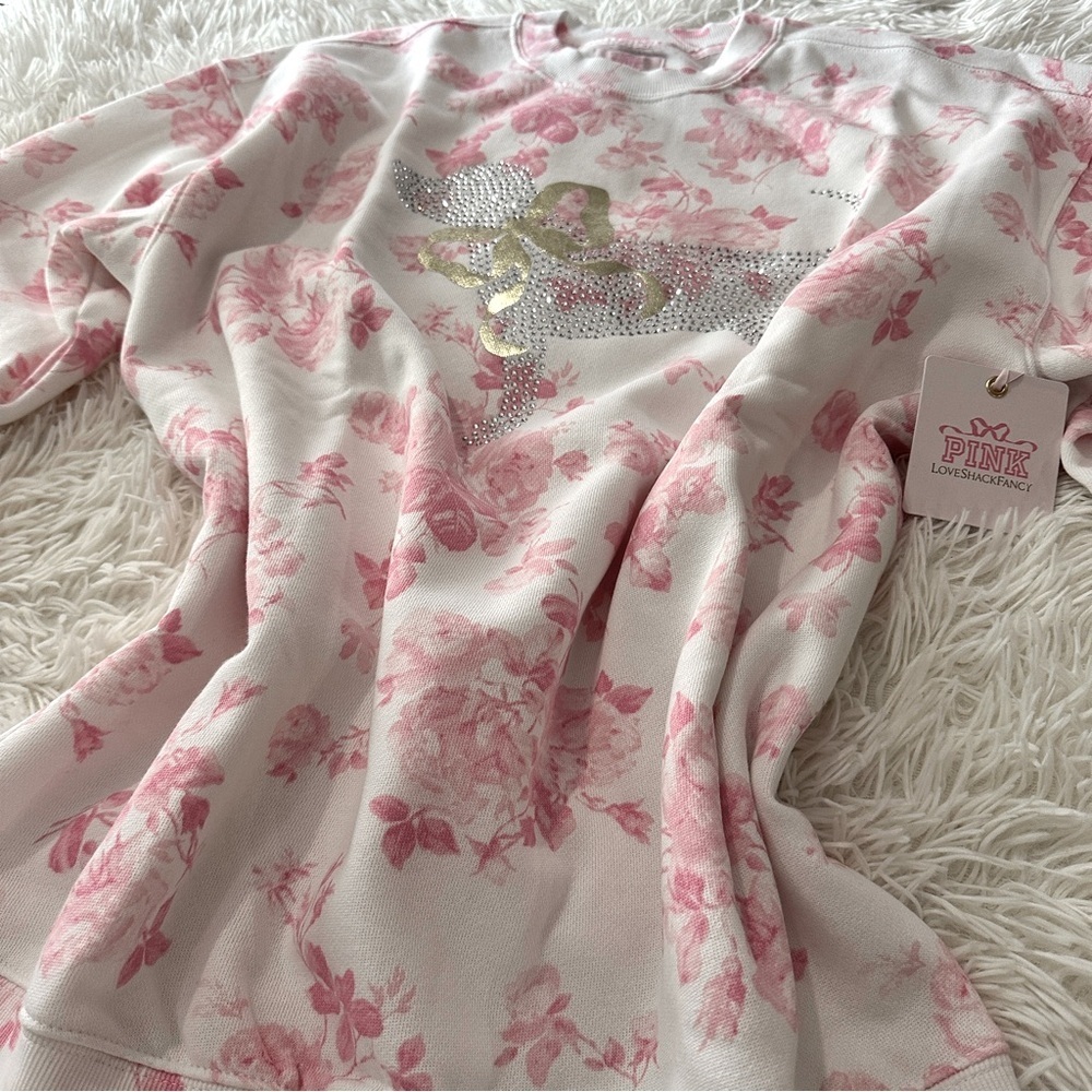 NWT 🌸PINK x LoveShackFancy🌸 Pink & White Oversized Signature Sweatshirt Size S - Picture 14 of 15